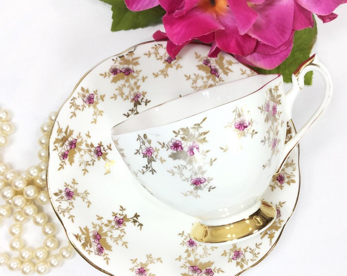 Queen Anne Bone China Tea Trio, Pink Floral Gold Trimmed Cup and Saucer #B160