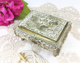 Vintage Gold Filigree Trinket Box, Courting Couple Design, Victorian Keepsake #B259