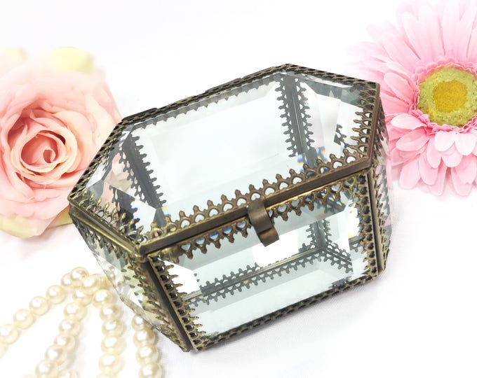 Ormolu Inspired Filigree  Mirrored Jewlery Box, Beveled Glass Top Vanity Box, , GlassTrinket Box, Vintage Decor #B042