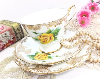 Royal Standard English Tea Trio, Yellow Rose Filigree Bone China English Tea Cup, Saucer, Plate #B512