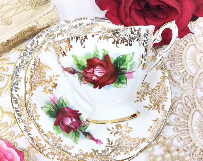 Royal Standard English Tea Trio, Red Rose Gold Filigree Bone China Tea Set #B486