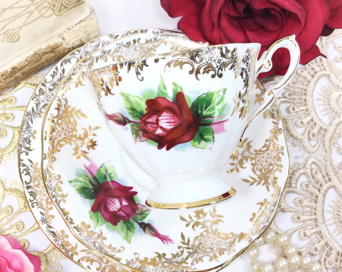 Royal Standard English Tea Trio, Red Rose Filigree Bone China English Tea Cup, Saucer, Plate For Tea Time, Tea Party, Wedding #B486-6