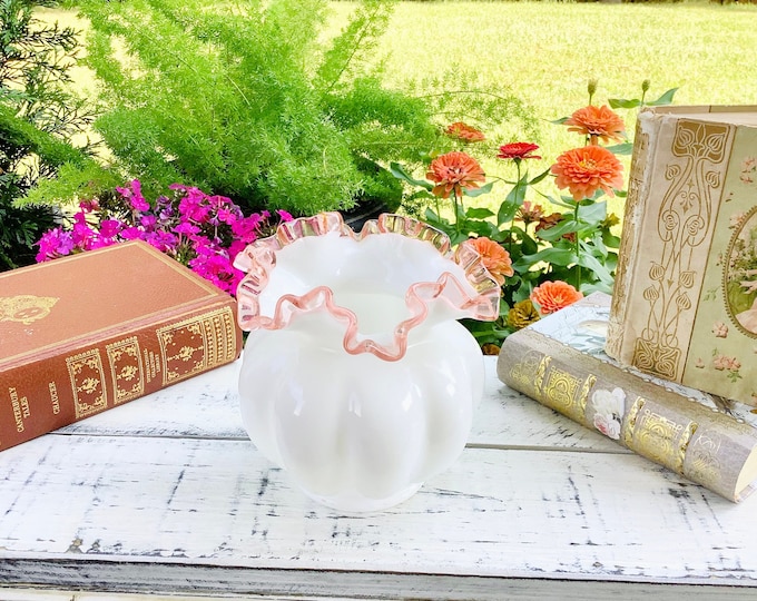 Pink Fenton Melon Vase, Fenton Mid Century Crimped Edged Compote, Fenton Milk Glass Vase #B726