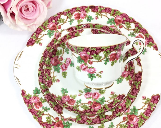 Royal Stafford Olde English Garden Tea Trio, Pink Floral Bone China Cup Saucer Plate #A281, B018
