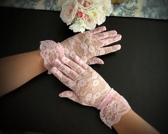 Pink Lace Glove with Ruffle, Pink Lace Ladies Above Wrist Length Gloves W/ Lace Ruffle Perfect for Wedding, Tea Party, Bridal Showers