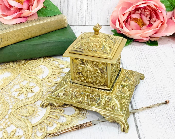 Victorian Baroque Brass Inkwell, Ornate Desk Accessory #B547
