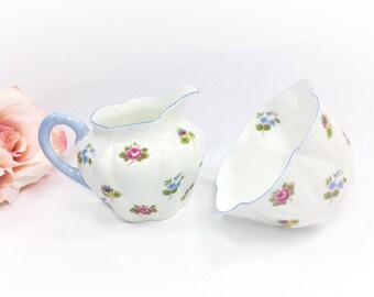 Shelley Rose Pansy Forget Me NotCreamer & Sugar Bowl, Blue Shelley Dainty Shape Creamer And Sugar Bowl, 4 Tea Set, Tea Party, England #A932