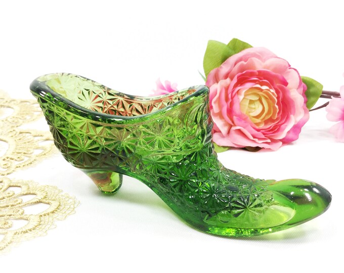 Vintage Fenton Green Glass Shoe,  Fenton Glass Shoe, Victorian Boot, Vanity Desk, Decor #B479