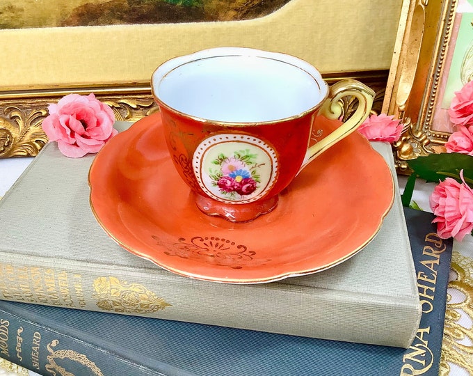 Vintage Orange Floral Teacup and Saucer Set, Japan Gold Trim Demitasse #B742