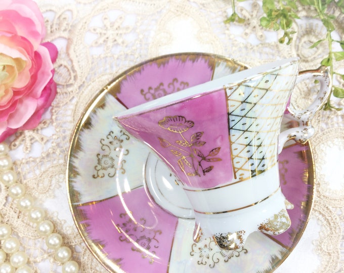 Pink Lusterware Footed Tea Cup and Saucer, Iridescent Vintage Set #B375