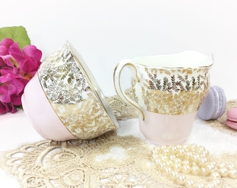 Colclough Gold Chintz English Bone China Open Pink Sugar Bowl & Creamer #B291