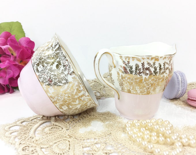 Colclough Gold Chintz English Bone China Open Pink Sugar Bowl & Creamer #B291