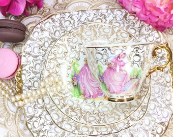 Pinkie English Bone China Tea Trio, Leonard St. Pottery, 22kt. Gold Crinoline Lady #B328