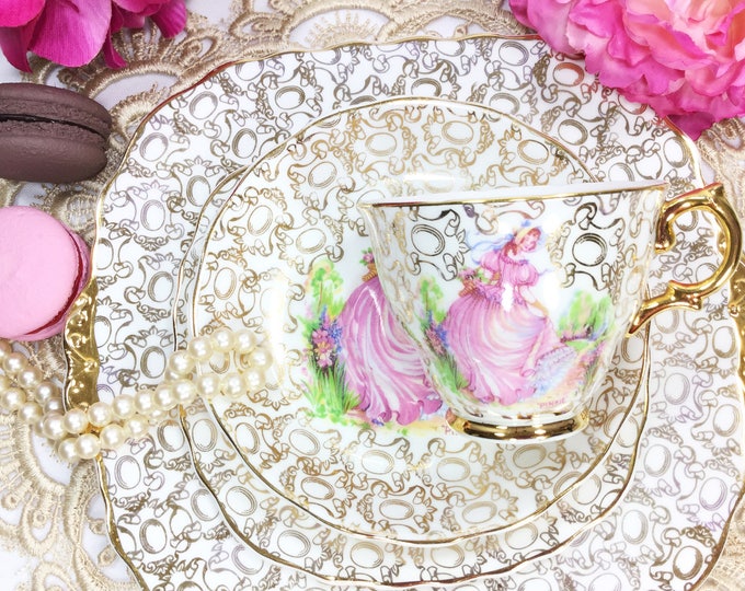Pinkie English Bone China Tea Trio, Leonard St. Pottery, 22kt. Gold Crinoline Lady #B328