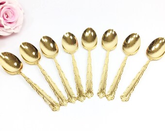 Ornate 1881 Rogers Gold Teaspoon Set, Victorian Electroplate Flatware #A935