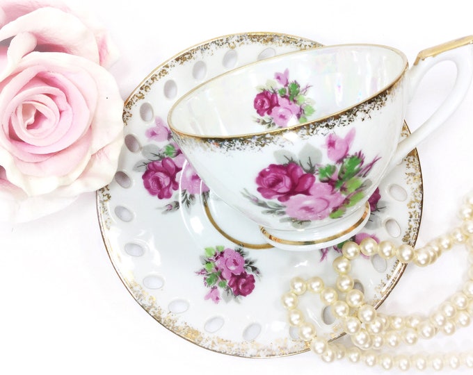 Vintage Enesco Pink Floral Teacup and Saucer, Lusterware Tea Set #B197