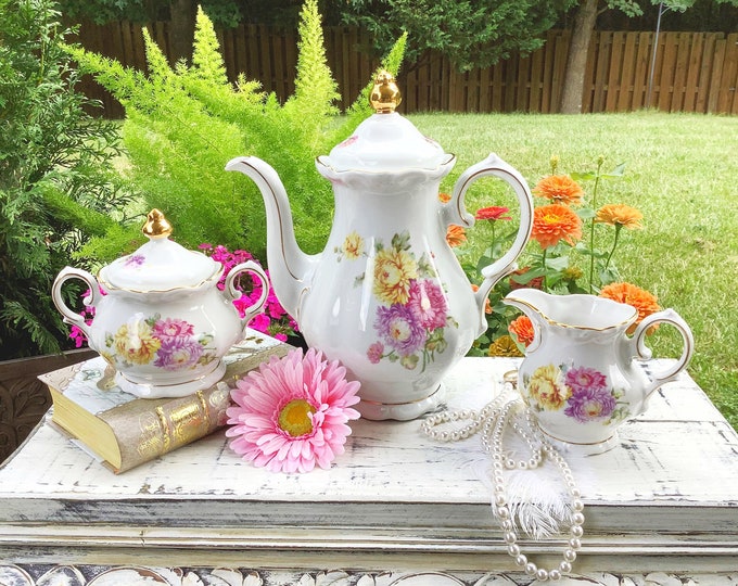 Winterling 3 Piece Bavarian Teapot Set, Bavaria Teapot Set, German Floral Teapot Set, Bavaria Teapot, Creamer, & Covered Sugar Bowl  #B692