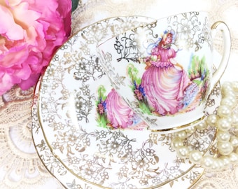 Pinkie English Tea Trio, Fine Bone China, 22kt Gold Accents, Crinoline Lady #B344