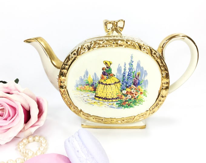 Sadler Barrel Crinoline Teapot, English Gold Chintz Teapot, English Barrel Teapot, Perfect for Tea Party, Wedding, Tea Time #B016
