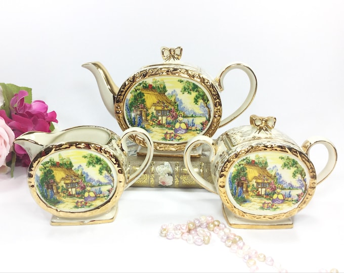 3 Piece Crinoline Sadler Barrel Teapot Set, Chintz Teapot, Creamer & Covered Sugar Bowl 4 Tea Time Tea Party, English Teapot #A971