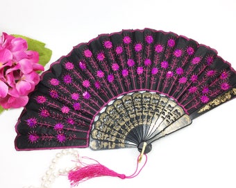 Dark Pink & Black Spanish Sequence Embroidered Folding Fan #B251