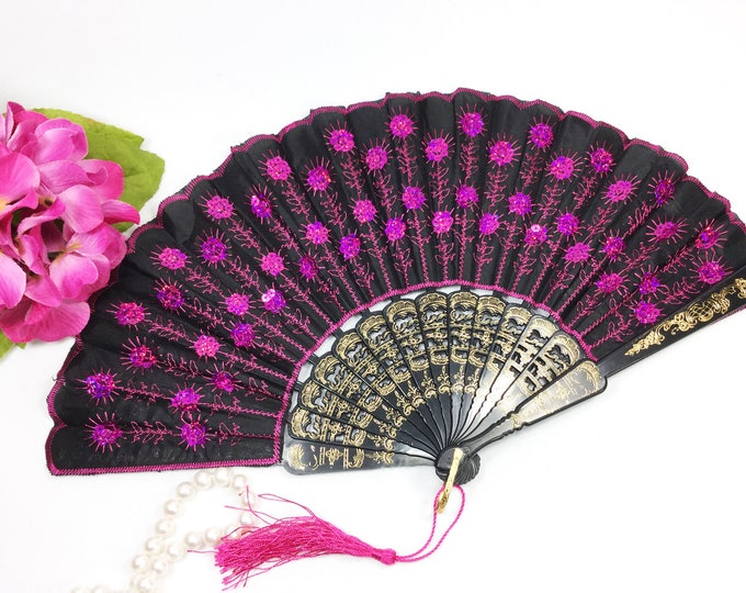 Dark Pink & Black Spanish Sequence Embroidered Folding Fan For Weddings, Dress up, Bridal Showers, Gift, Tea Party, Tea Time, Church  #B251