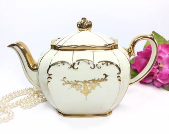 Enchanting Cubed Sadler Teapot, Full Sized Gold Filigree English Teapot, Perfect for Tea Party, Wedding, Shower, Tea Time #B170