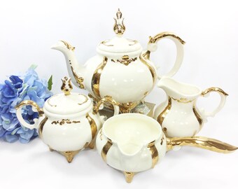 4 Piece Loma Gold Gilt Vintage Teapot Set, Teapot, Covered Sugar Bowl, Creamer For Tea Set, Party, Wedding, Tea Time #B217