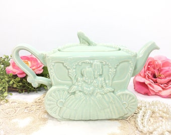 Ellgreave Cinderella Carriage Teapot, Glass Slipper w/ Aqua Glaze, Princess Tea Party #B380