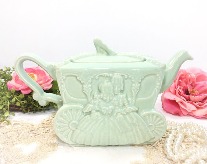Ellgreave Cinderella Carriage Teapot, Glass Slipper w/ Aqua Glaze, Princess Tea Party #B380