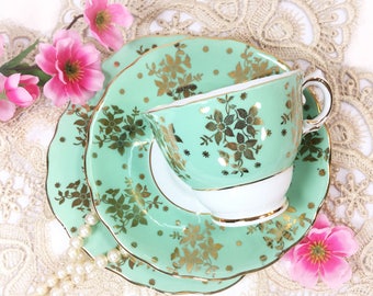 Colclough Green & Gold Tea Set, Green Tea Trio, English Bone China Tea Cup, Saucer, Plate for Tea Party. Staffordshire, 1960s #B289