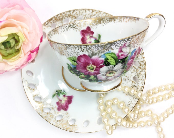 Enesco Floral Teacup and Reticulated Saucer Set, Vintage Japan China Tea Set #B194