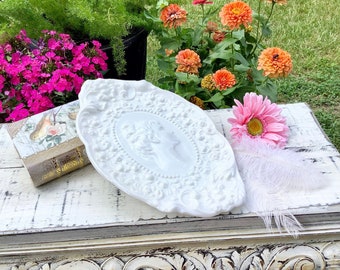 Fostoria Jenny Lind Milk Glass Dresser Tray, Jenny Lind Trinket Tray, Milk Glass Vanity Tray, Boudoir Decor, Vanity Accessory #B721