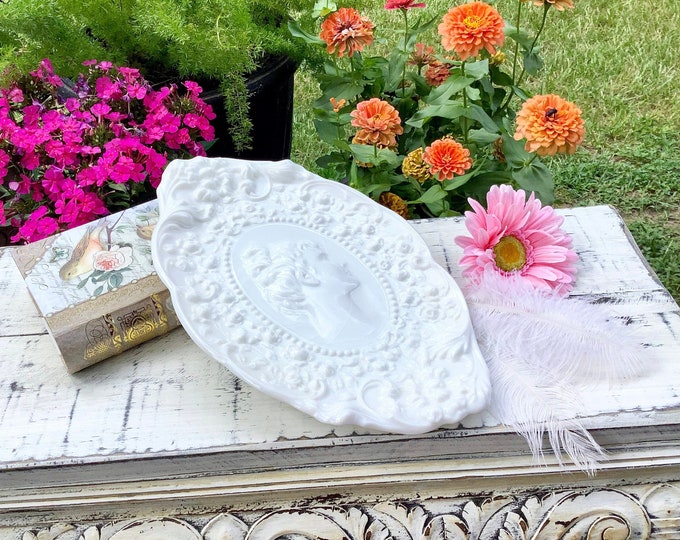 Fostoria Jenny Lind Milk Glass Dresser Tray, Jenny Lind Trinket Tray, Milk Glass Vanity Tray, Boudoir Decor, Vanity Accessory #B721