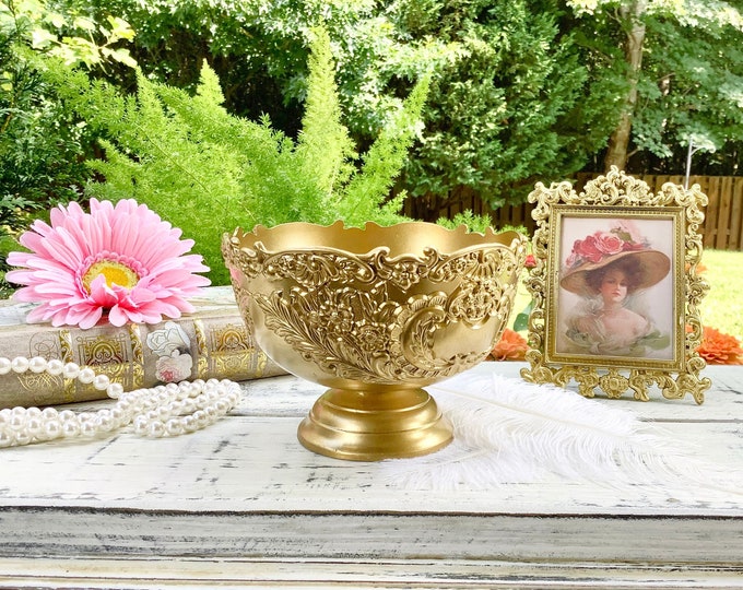 Vintage Gold Pedestal Trinket Dish, Ornate Scroll Bowl #B727