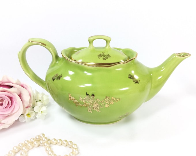 Vintage Pearl China Co. Green Teapot, 22kt Gold Decor #B003