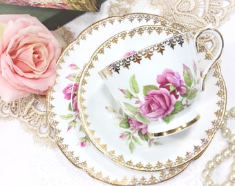 Collingwoods Rose Tea Trio, Bone China Tea Set, Pink Rose Tea Party English Tea Set #B465
