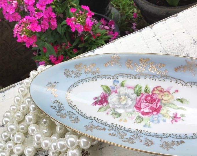 Vintage Blue Floral Trinket Tray, Floral Serving Dish, European Jewelry Tray, Romantic Decor, Victorian Decor, Candy Tray, Nut Dish #B657