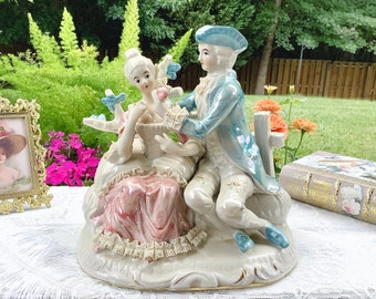 French Figurine Courting Couple Statue, Hand Painted French Figurines, Courting Couple Figurine Statues #B730