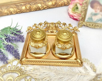 Antique Ornate Gold Inkwell W/ Tray, Inkwell for Dip Pen, Baroque Inkwell Desk Set, Antique Inkwell Desktop Set #B609