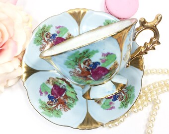 Blue Fragonard Teacup and Saucer, Courting Couple Love Story Cup Saucer, Victorian Couple Teaset # B203