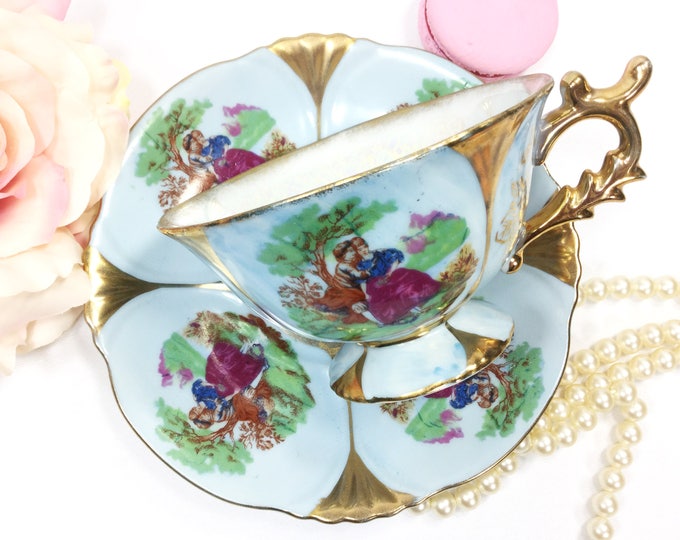 Vintage Fragonard Blue Teacup and Saucer, Courting Couple Romantic Teaset #B203