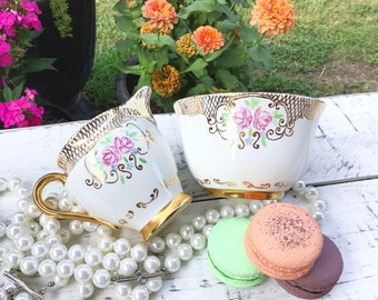 Vintage Gilded English Sugar Bowl & Creamer, Floral Sugar Bowl and Creamer, English Bone China Tea Set #B669