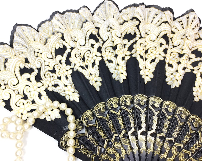 Black Gold Spanish Floral Folding Hand Fan, Elegant Accessory for Events #B195