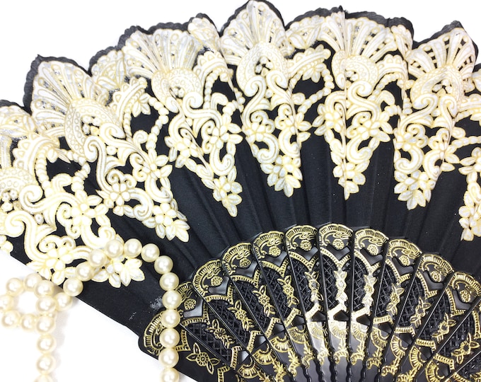 Black & Gold Spanish Floral Folding Fan, Black Gold Hand Fan For Weddings, Dress up, Funeral Fan, Church, Tea Party, Tea Time #B195