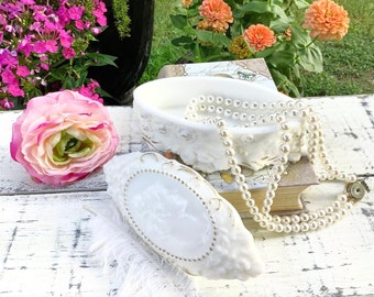 Vintage Jenny Lind Milk Glass Trinket Box, Fostoria Milk Glass, Jenny Lind Portrait Trinket Dish #B697