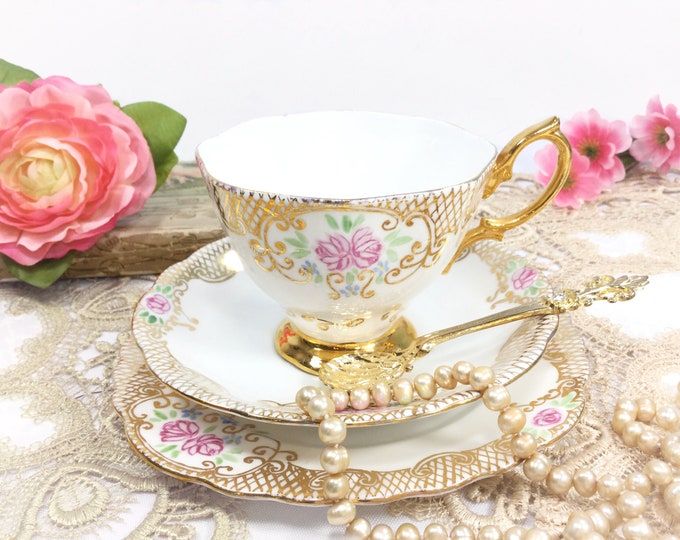 Dainty English Tea Trio, Pink Rose Bone China Cup, Saucer, Plate #B513