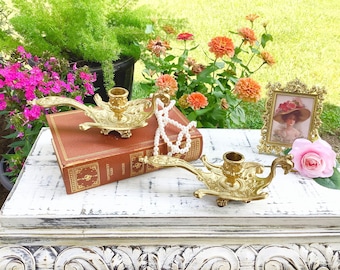 Vintage Gold Peacock Candlestick Holders, Ornate Bird Decor, Pair #B723
