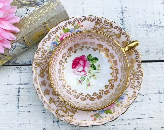 Pink Floral Teacup and Saucer, Pink Bone China Tea Set, Pink Rose English Tea Set #B678