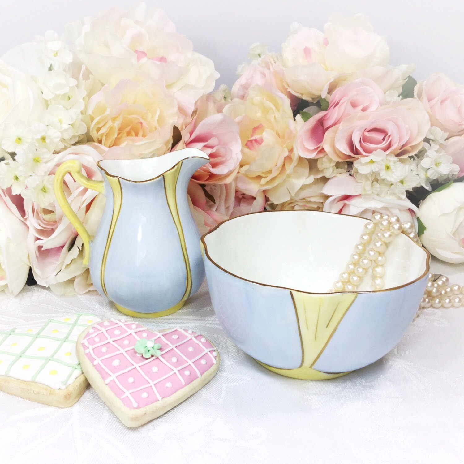 Allertons Old English Bone China Open Sugar Bowl & Creamer for Tea Set